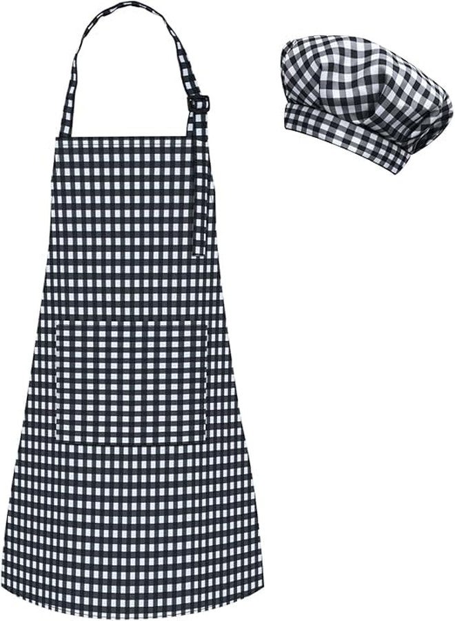 FANCY FLIGHT Chef Costume for Kids Chef Apron + Hat (Black check) (6-7 years) - Image 1